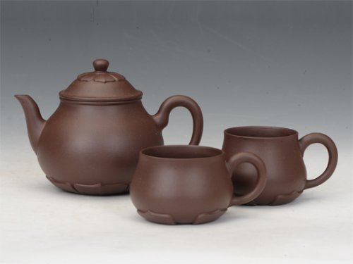 钱红月紫砂壶 莲韵三件套 