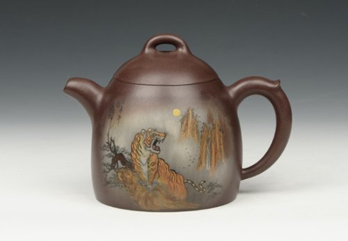 范宴花紫砂壶 泥绘老虎秦权壶 