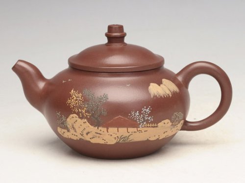 邵文紫砂壶 圆鼎（泥绘） 