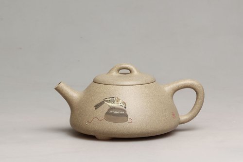 吴秋文紫砂壶 泥绘石瓢 