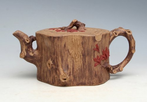 朱球紫砂壶 红枫树皮桩 