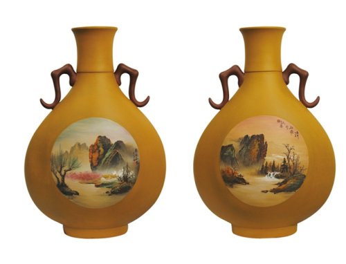 何光宏紫砂壶 堆绘山水花瓶 