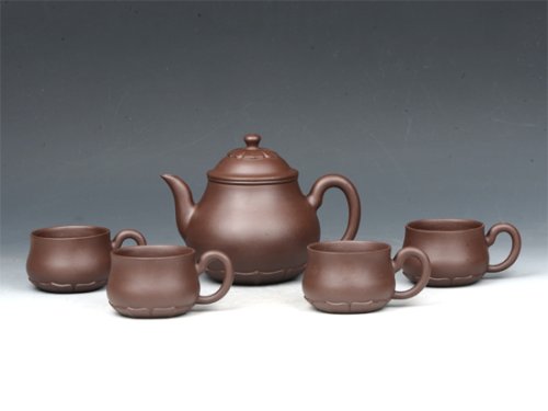 钱红月紫砂壶 莲韵五件套 